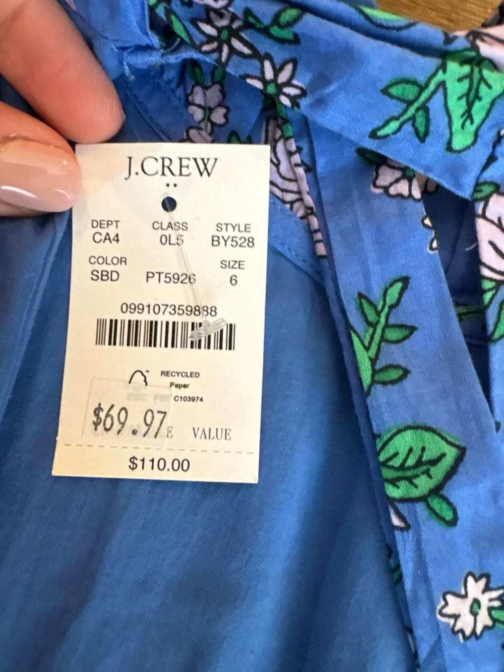 J. Crew Blue Floral poplin Dress with puff sleeve tie back 100% cotton